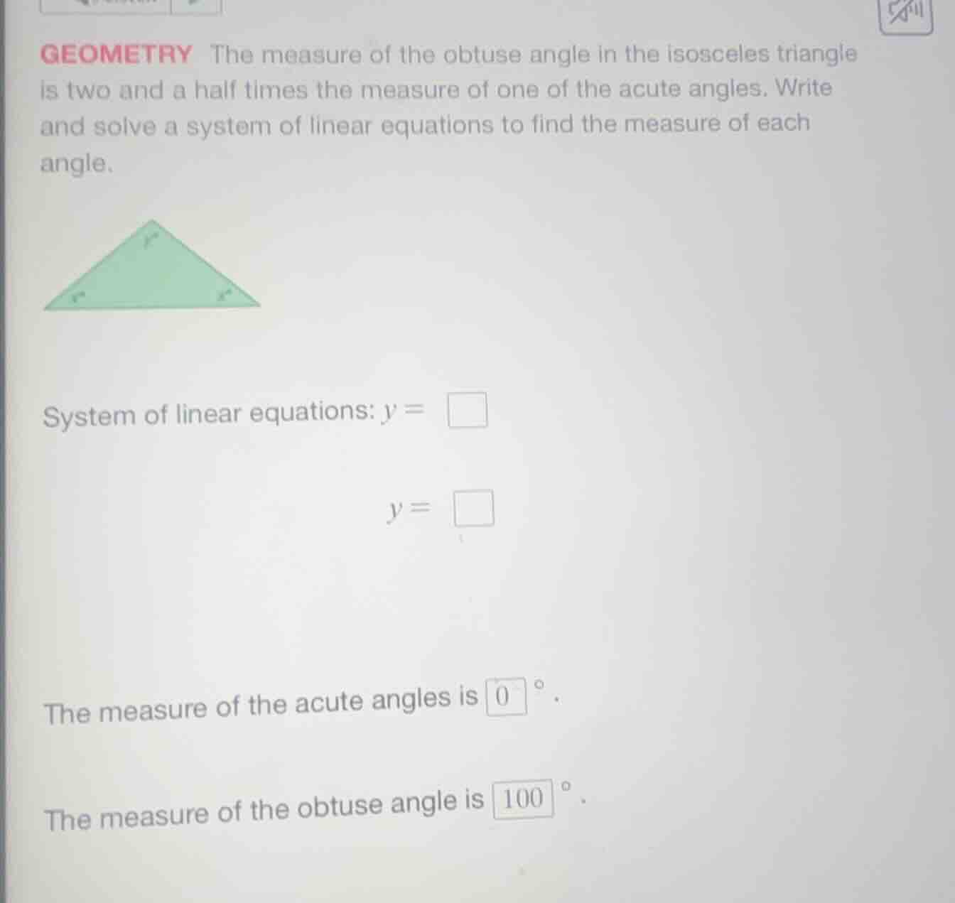 geometry the measure of the obtuse angle in the isosceles triangle is t…