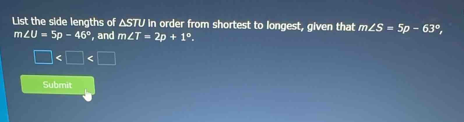 list the side lengths of $\\triangle stu$ in order from shortest to lon…