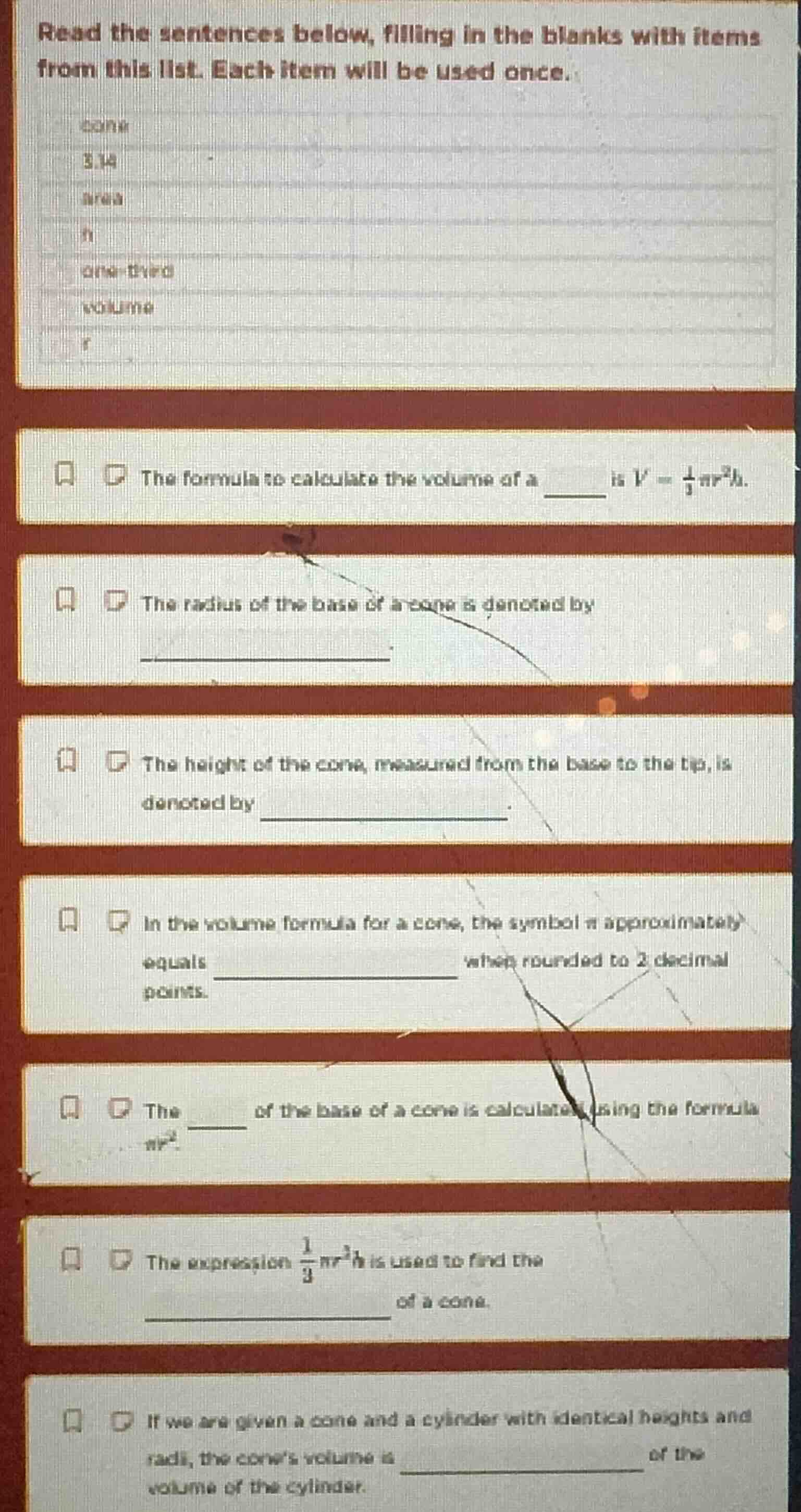 read the sentences below, filling in the blanks with items from this li…