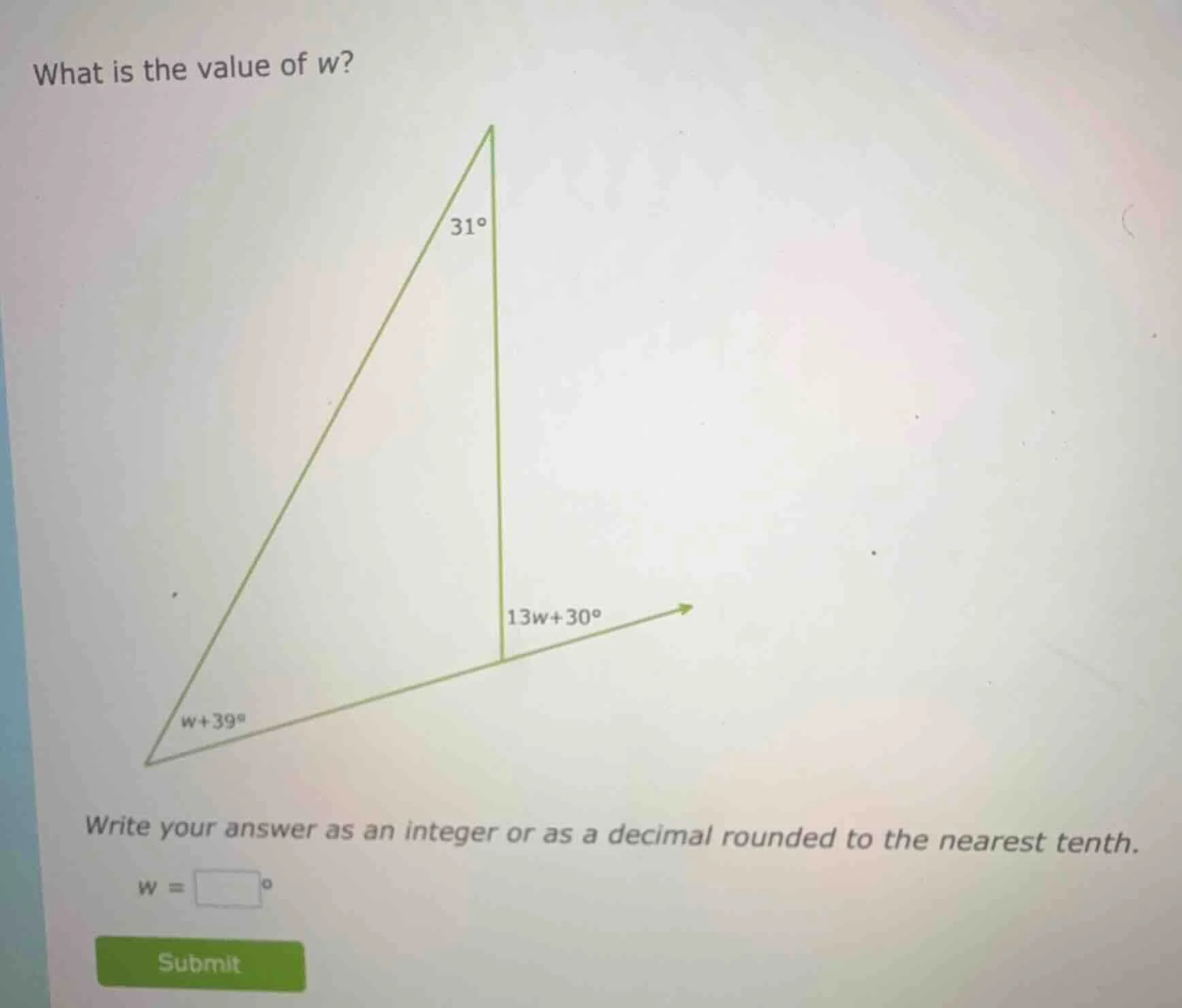 what is the value of w? 31° 13w+30° w+39° write your answer as an integ…