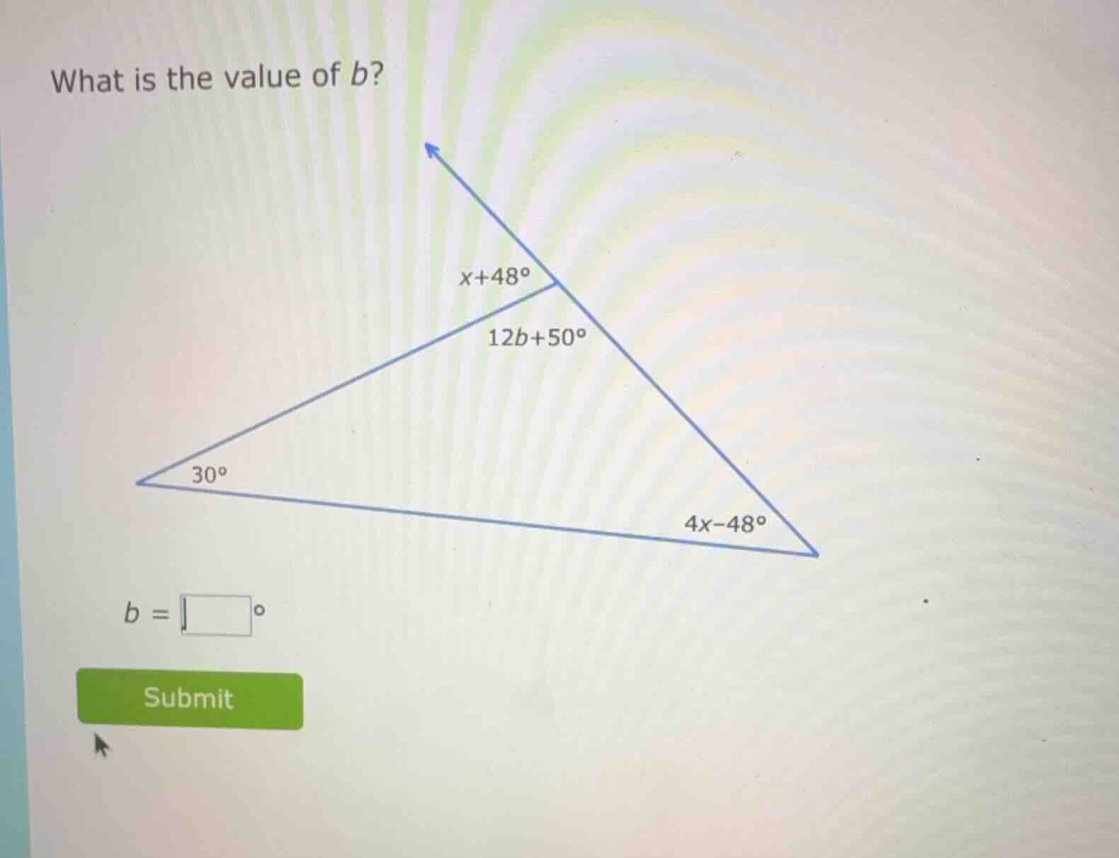 what is the value of b? $x + 48^{circ}$ $12b + 50^{circ}$ $30^{circ}$ $…