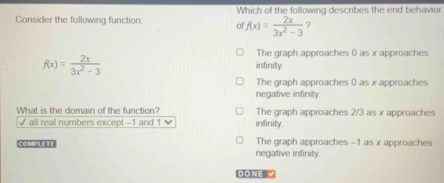 consider the following function: $f(x) = \\frac{2x}{3x^2 - 3}$ what is …