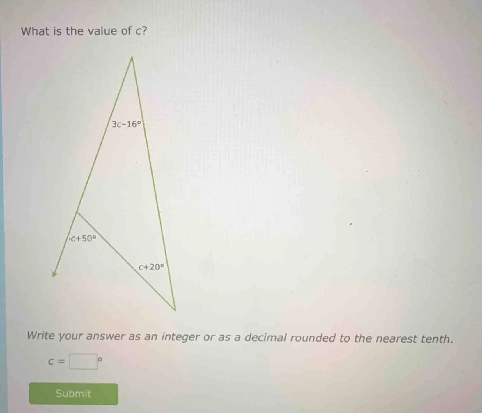 what is the value of c? 3c - 16° c + 50° c + 20° write your answer as a…
