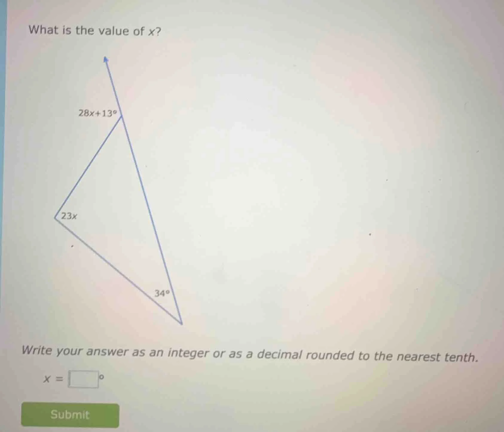 what is the value of x? 28x+13° 23x 34° write your answer as an integer…