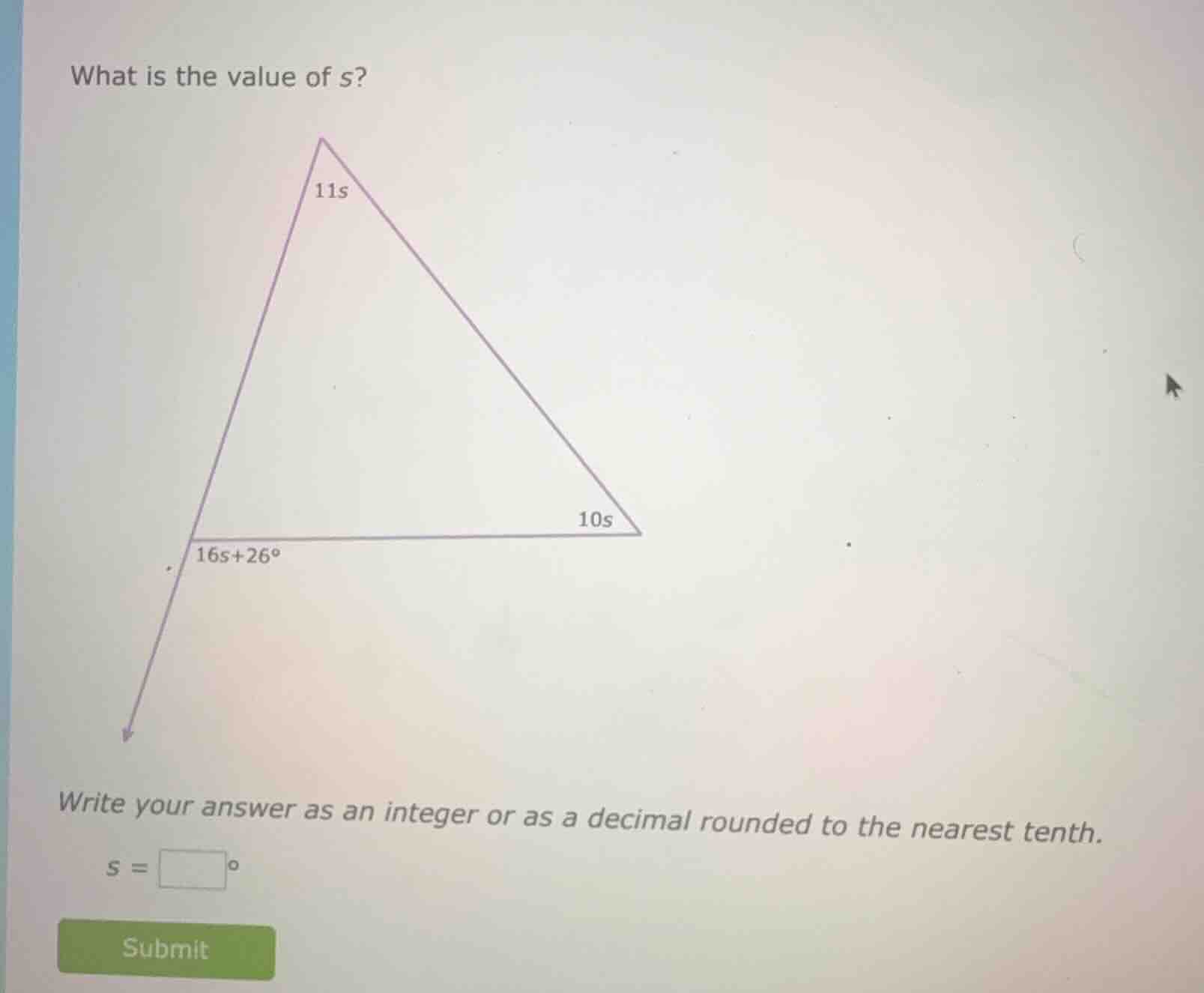 what is the value of s? 11s 10s 16s+26° write your answer as an integer…