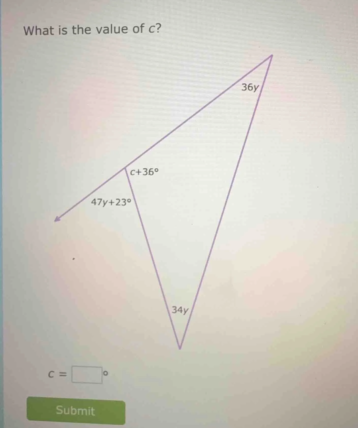 what is the value of c? 36y $c + 36^circ$ $47y + 23^circ$ 34y $c = \\sq…
