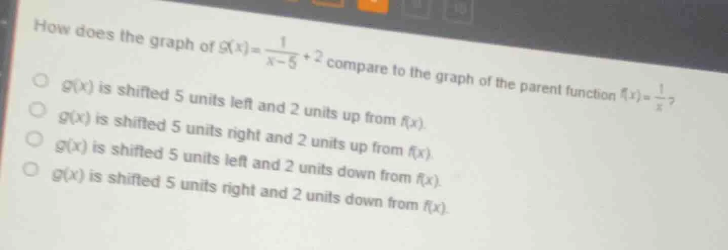 how does the graph of ( g(x)=\frac{1}{x - 5}+2 ) compare to the graph o…