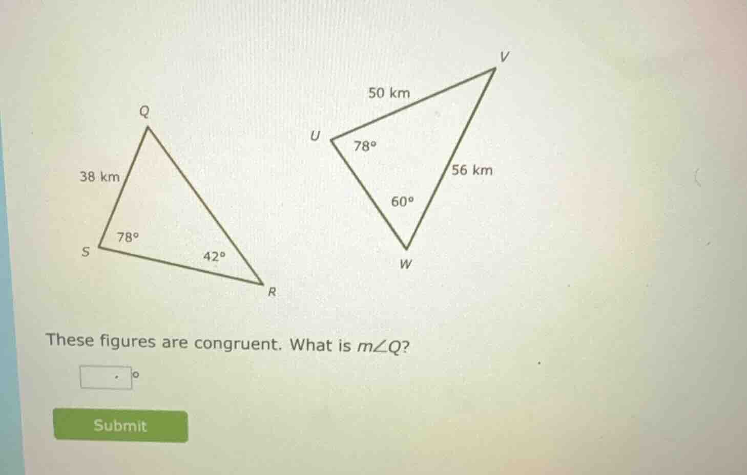 these figures are congruent. what is ( mangle q )?