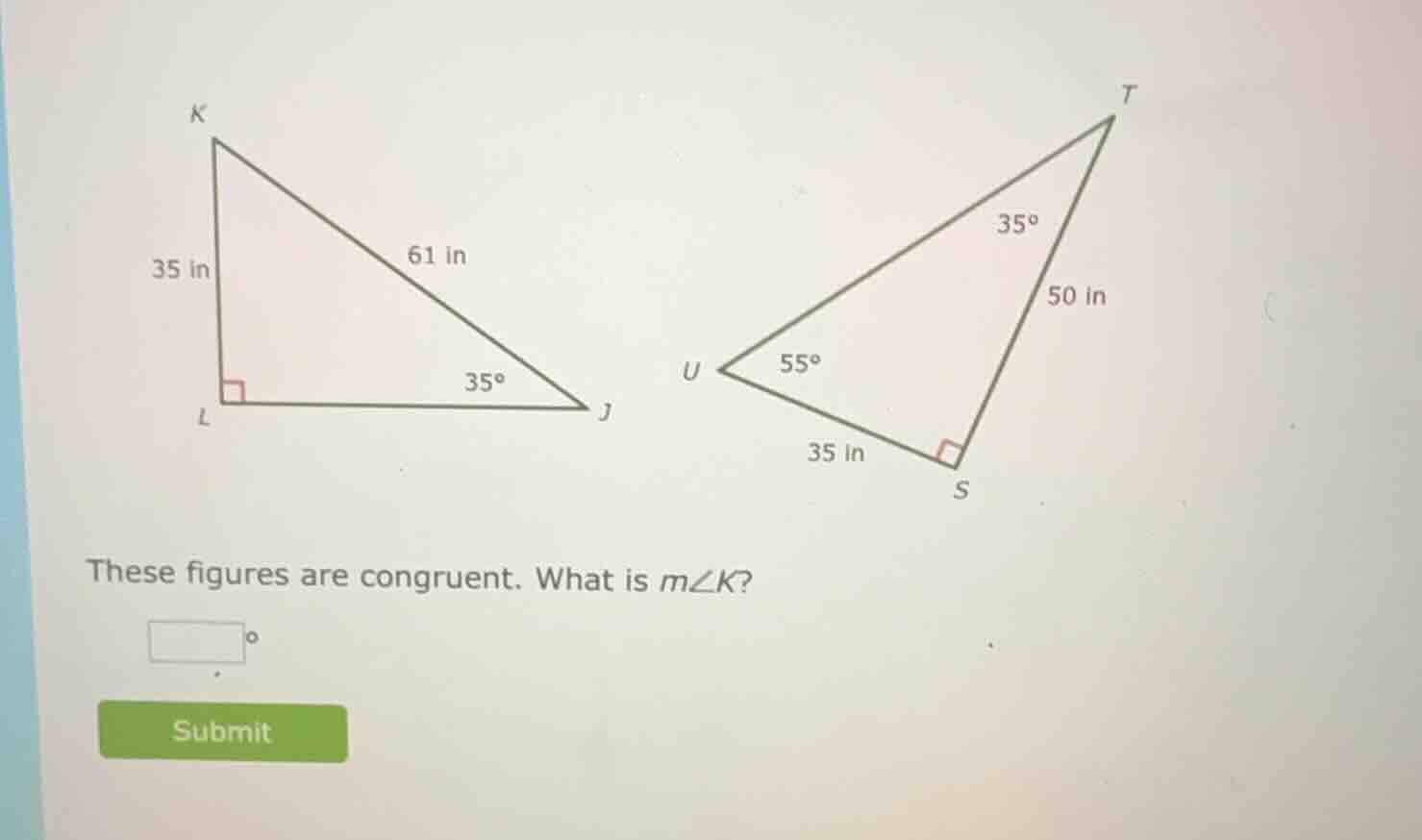 these figures are congruent. what is ( mangle k )?