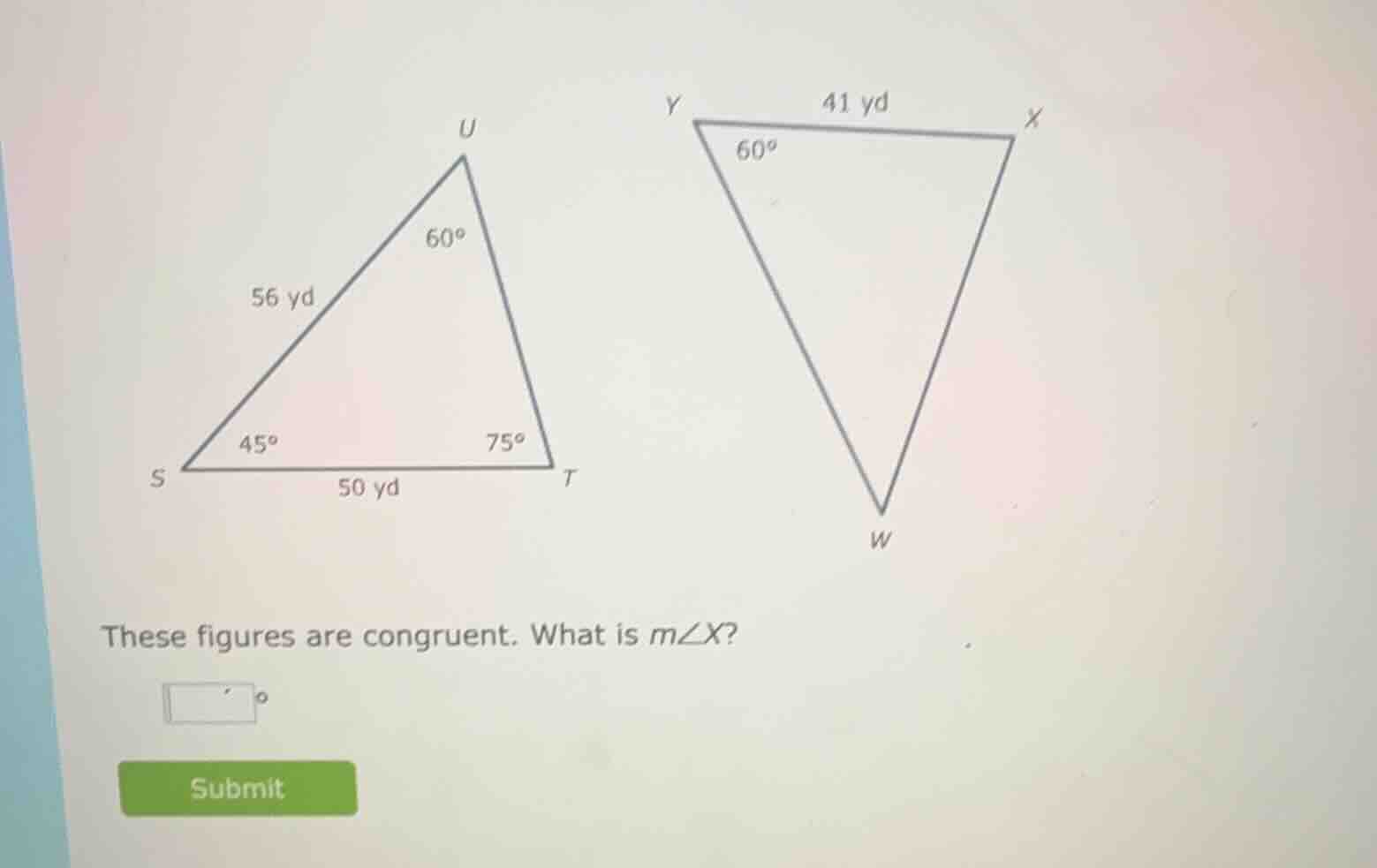 these figures are congruent. what is ( mangle x )?