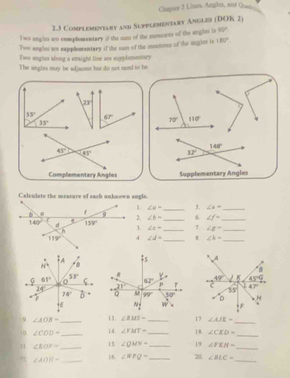chapter 2 lines, angles, and quadrilaterals 2.3 complementary and suppl…