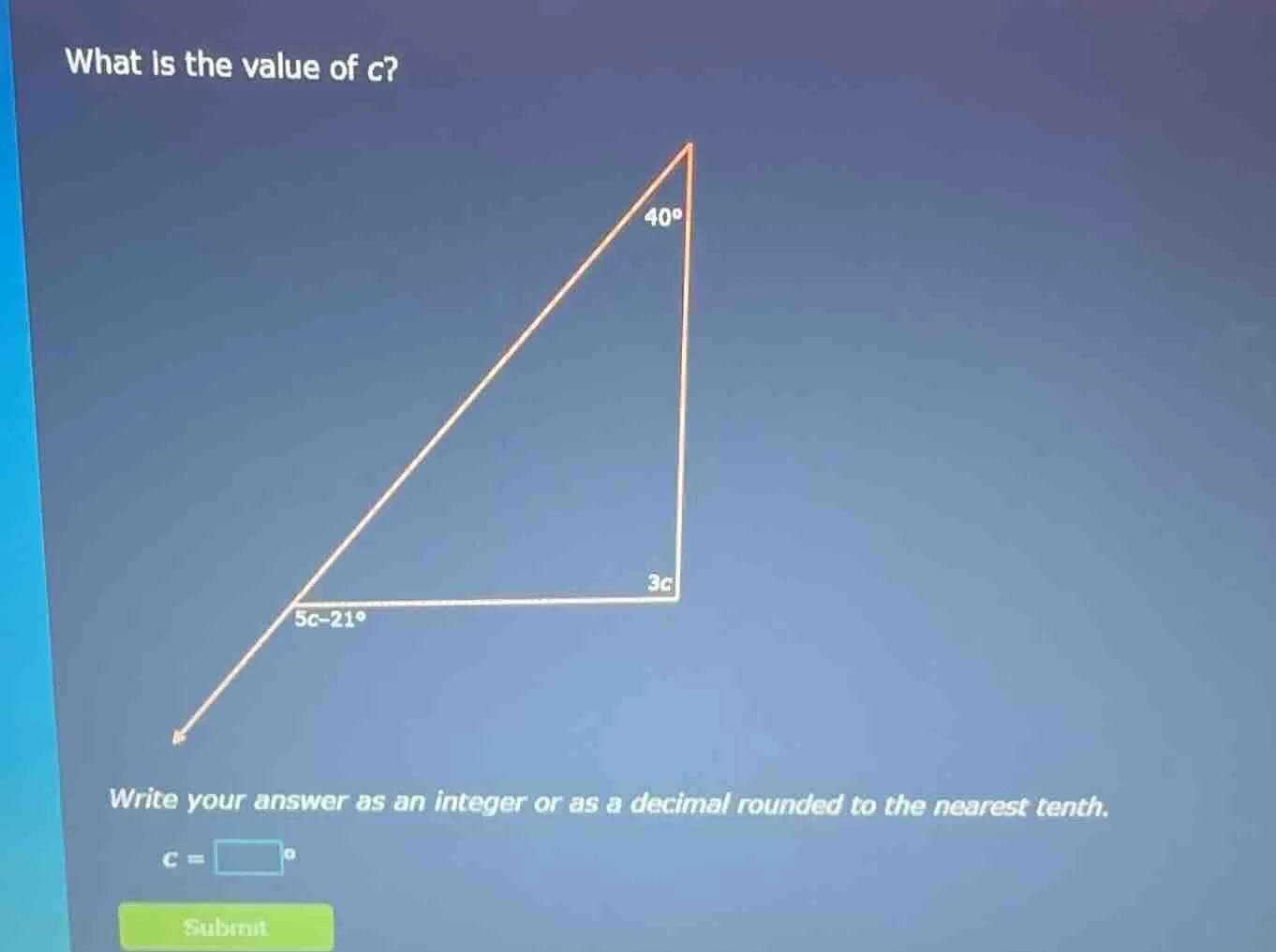 what is the value of c? 40° 3c 5c - 21° write your answer as an integer…