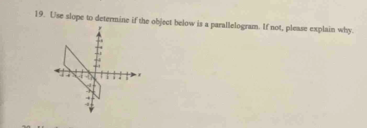 19. use slope to determine if the object below is a parallelogram. if n…