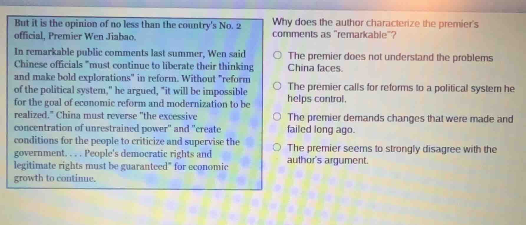 but it is the opinion of no less than the countrys no. 2 official, prem…