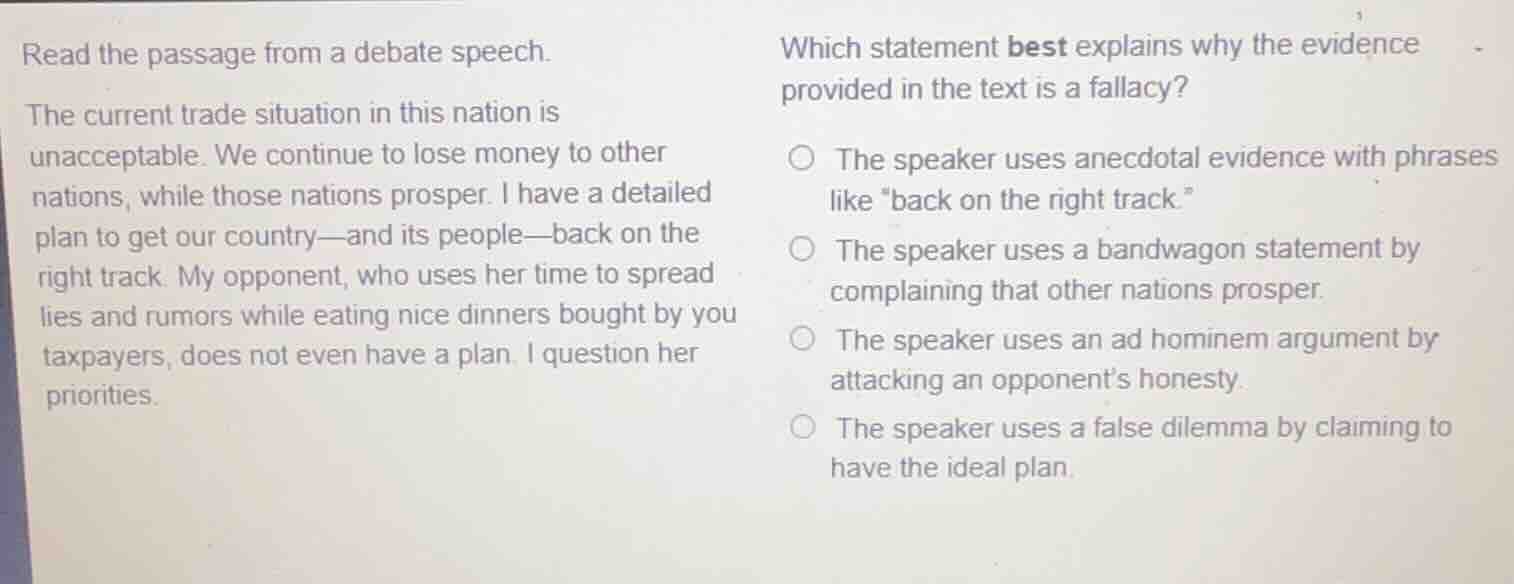 read the passage from a debate speech. the current trade situation in t…