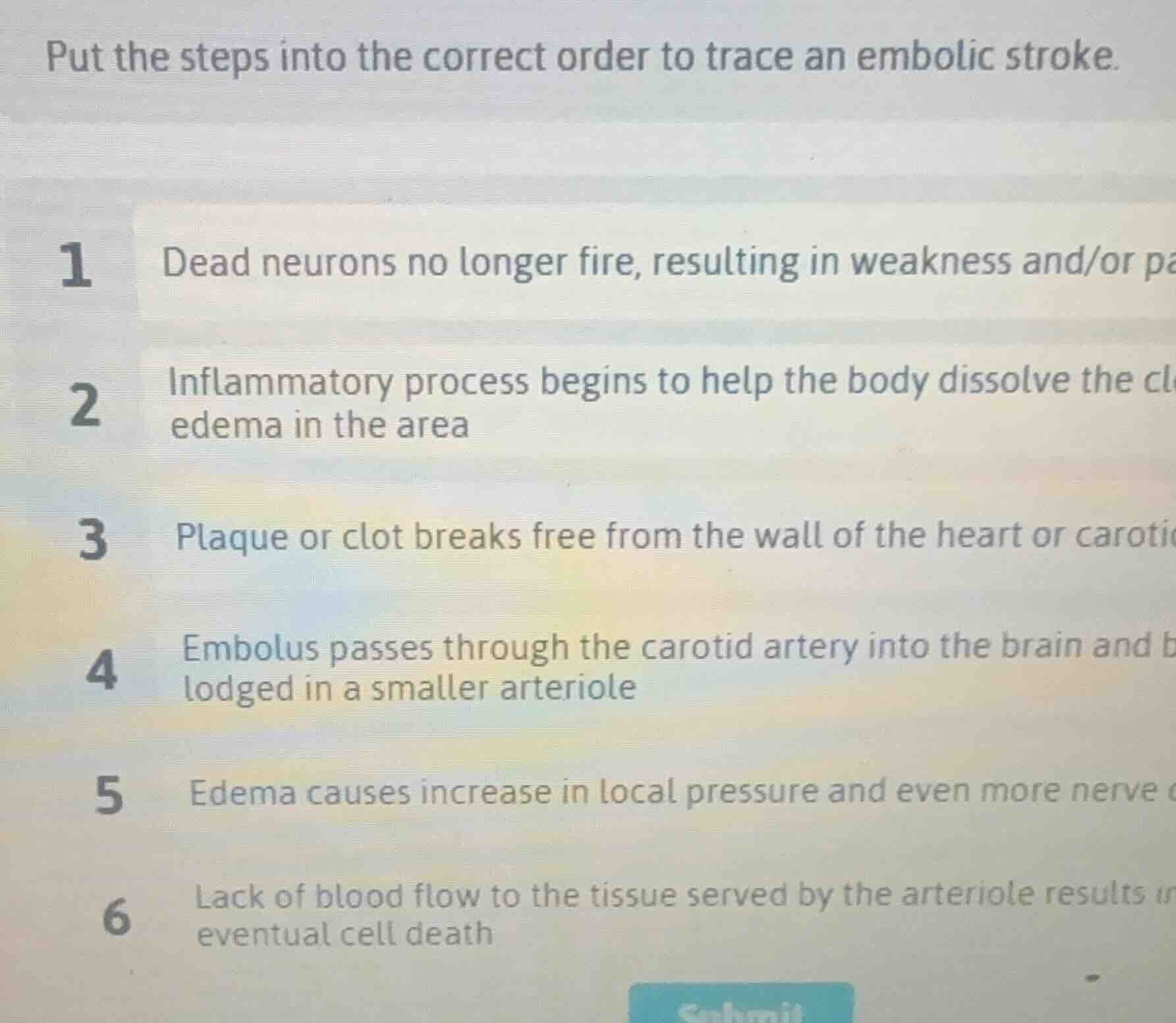 put the steps into the correct order to trace an embolic stroke. 1 dead…