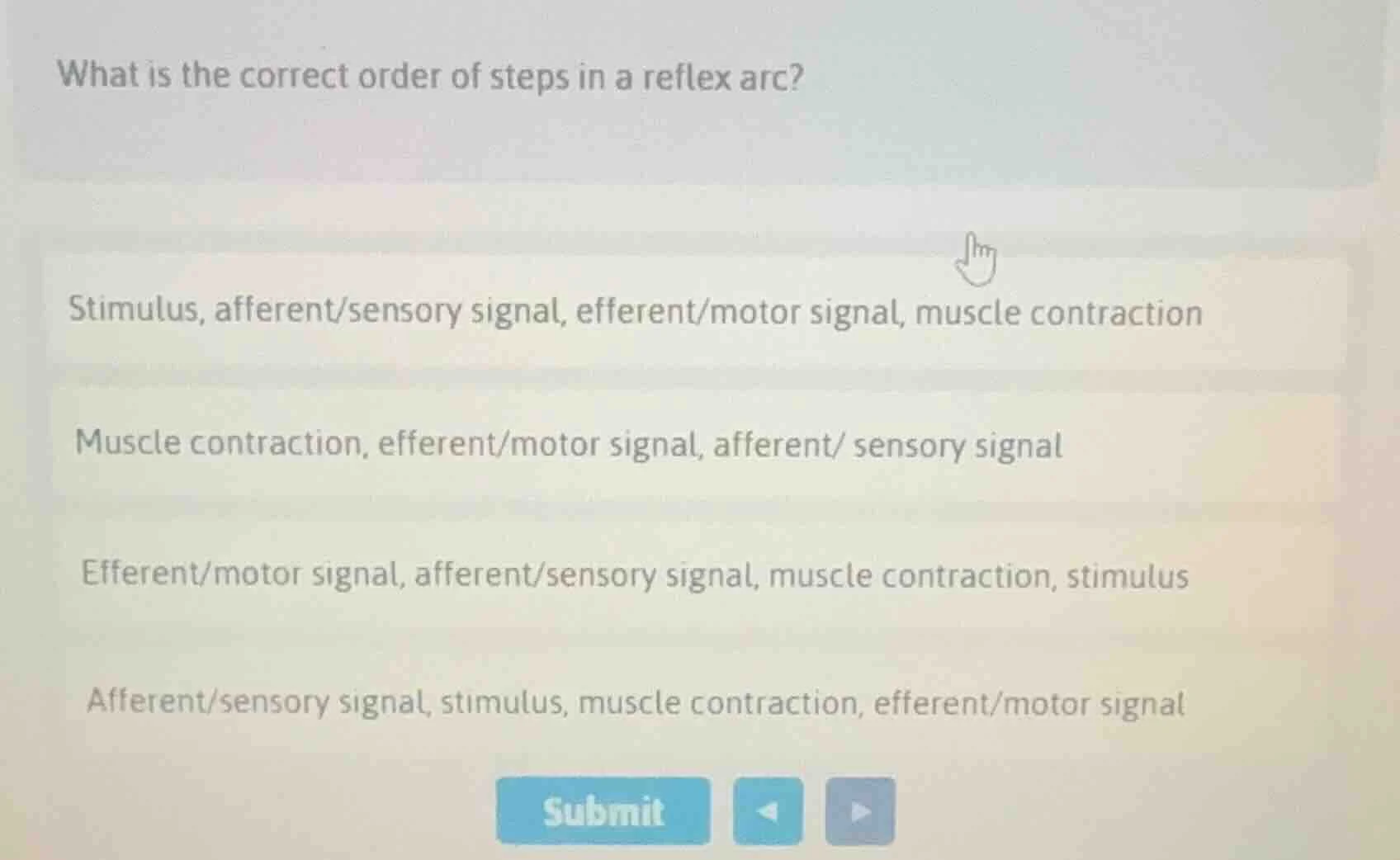 what is the correct order of steps in a reflex arc? stimulus, afferent/…