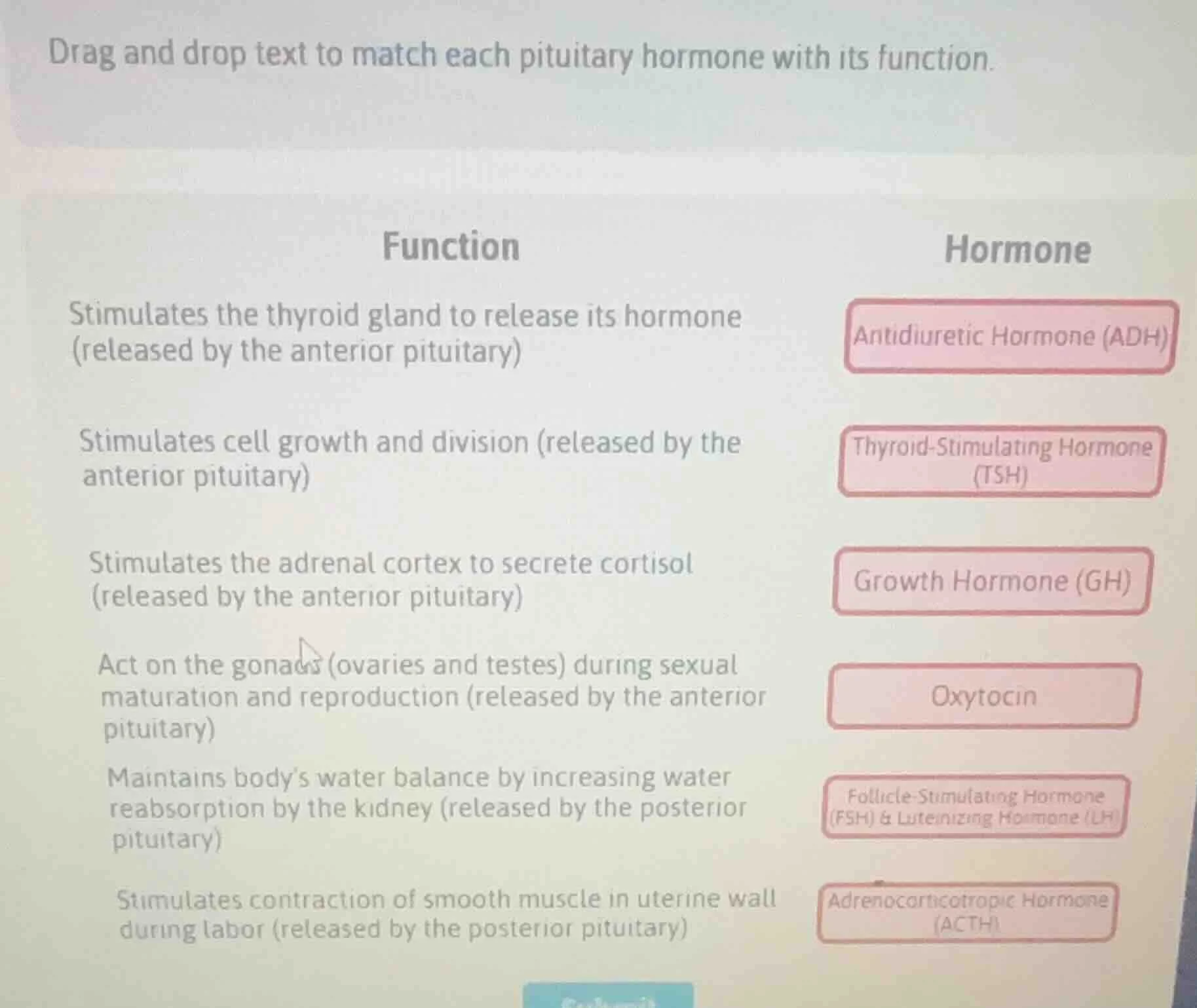 drag and drop text to match each pituitary hormone with its function. f…