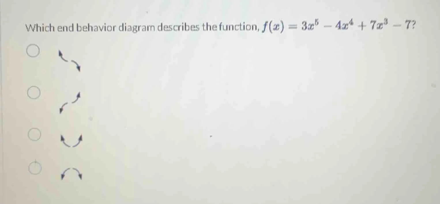 which end behavior diagram describes the function, $f(x) = 3x^5 - 4x^4 …