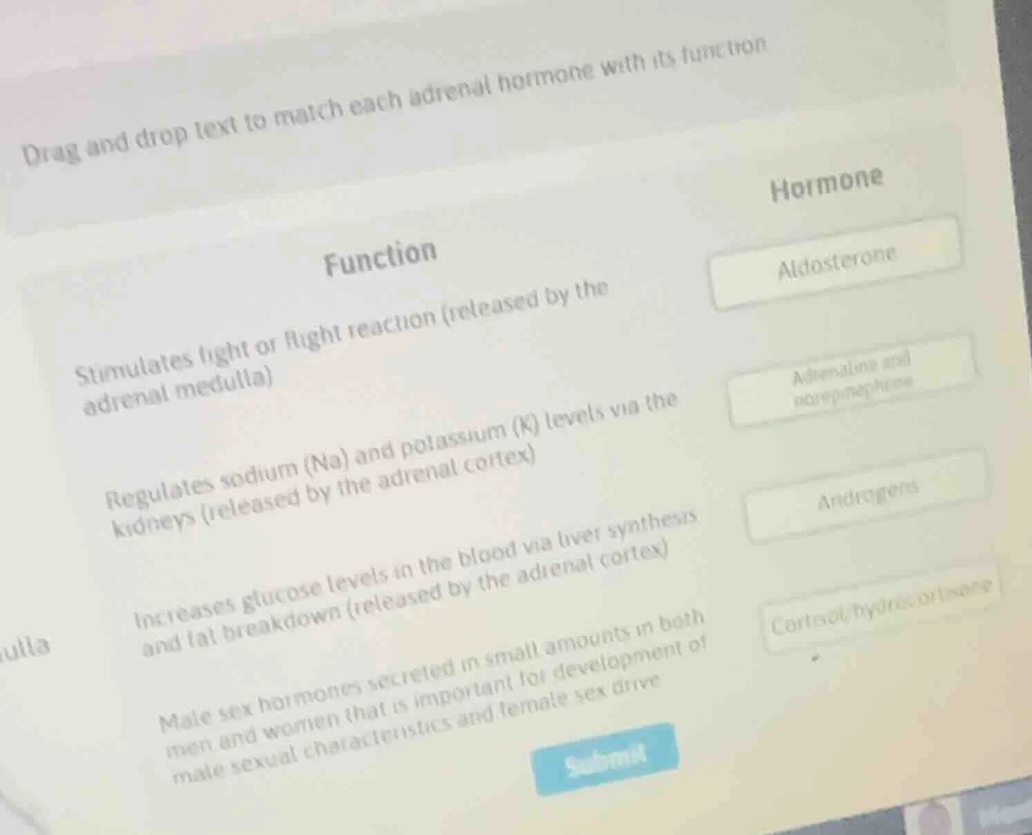 drag and drop text to match each adrenal hormone with its function func…