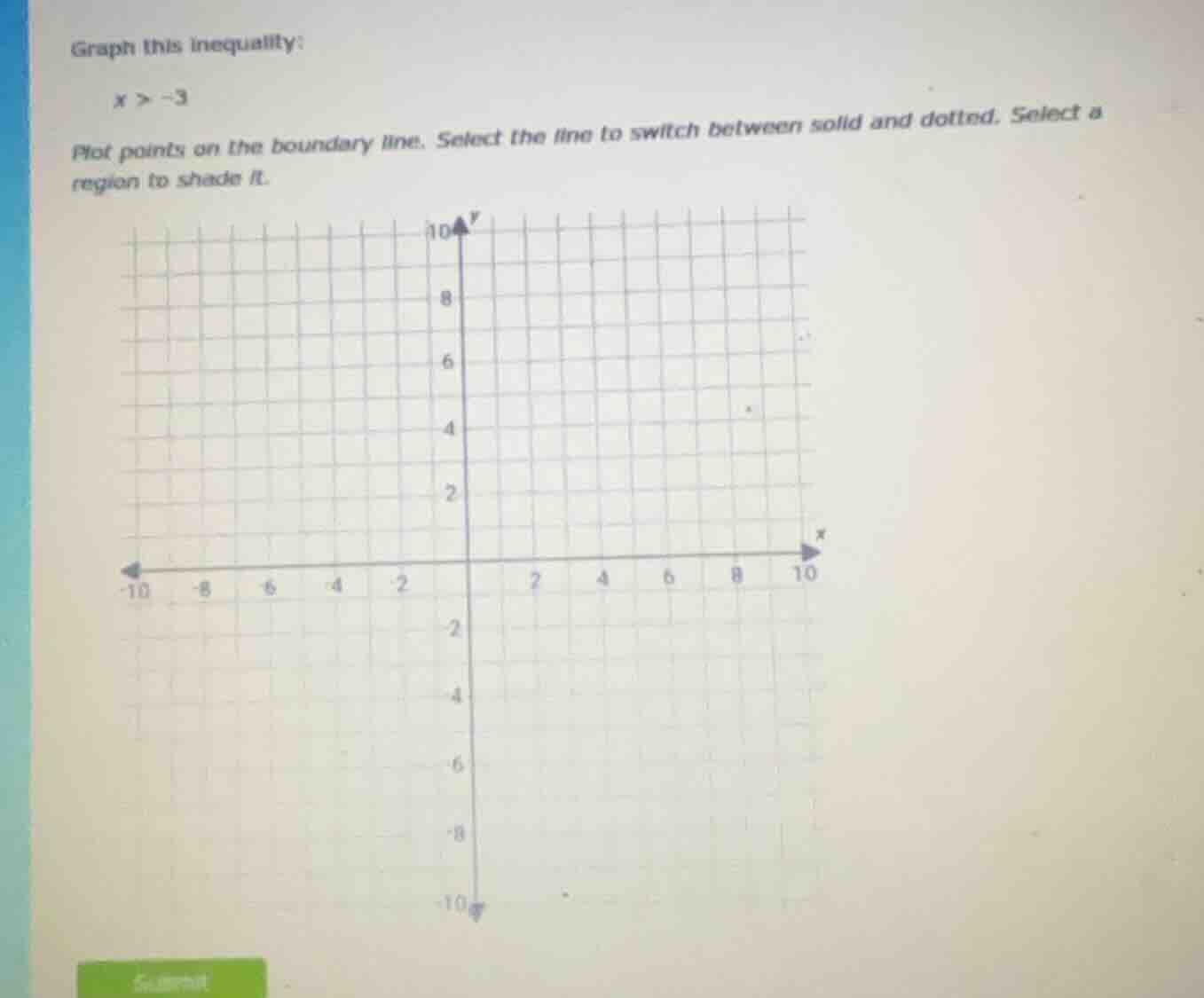 graph this inequality: x > -3 plot points on the boundary line. select …