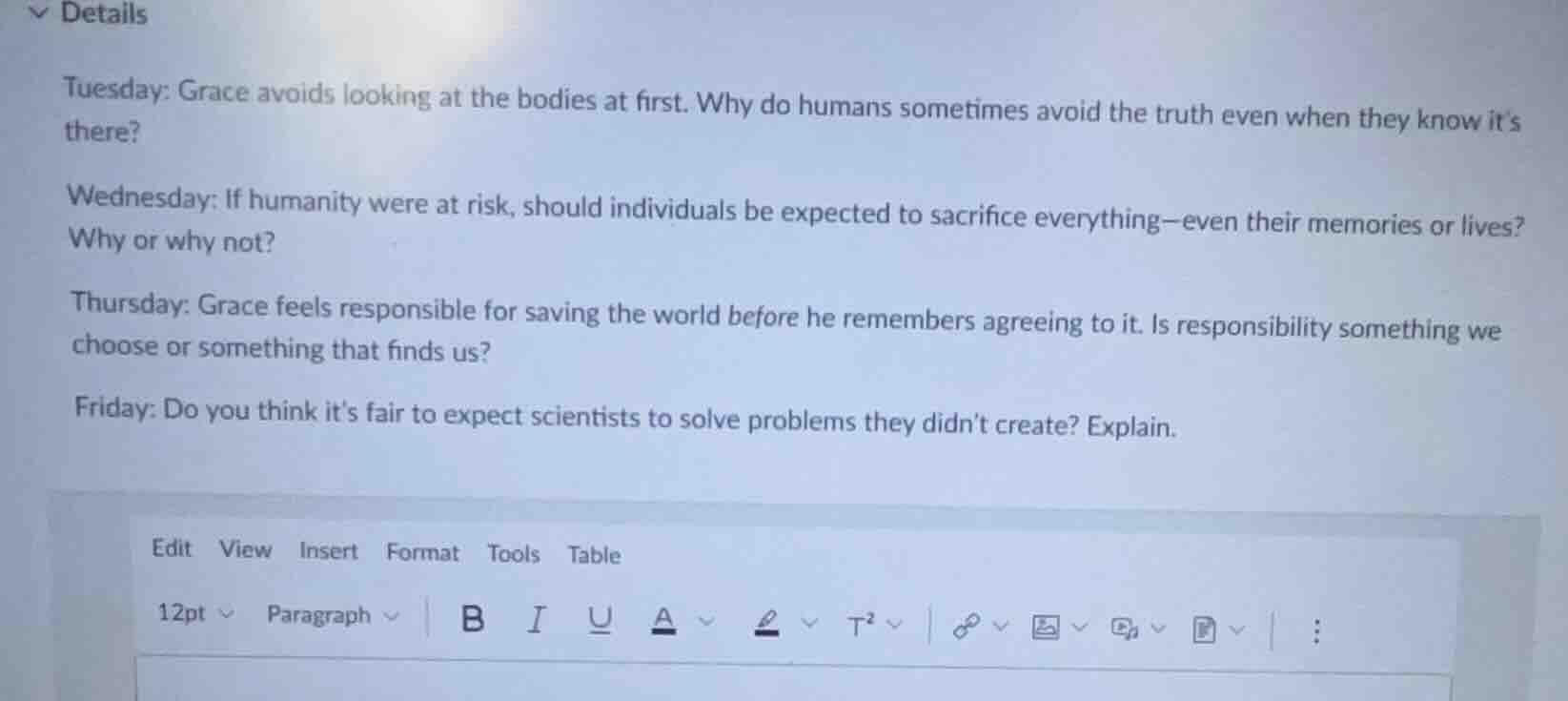 details tuesday: grace avoids looking at the bodies at first. why do hu…