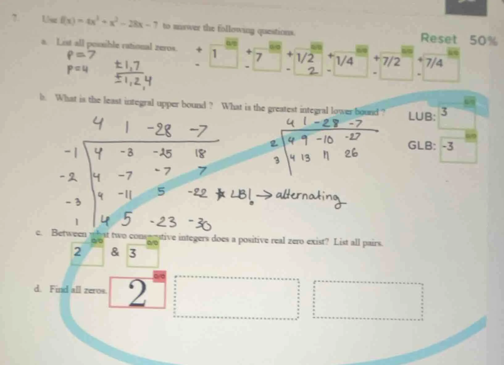 7. use ( f(x) = 4x^3 + x^2 - 28x - 7 ) to answer the following question…