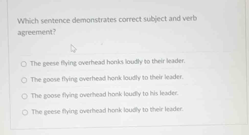 which sentence demonstrates correct subject and verb agreement? ○ the g…