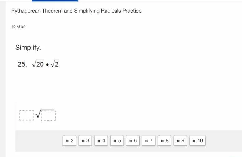 pythagorean theorem and simplifying radicals practice 12 of 32 simplify…