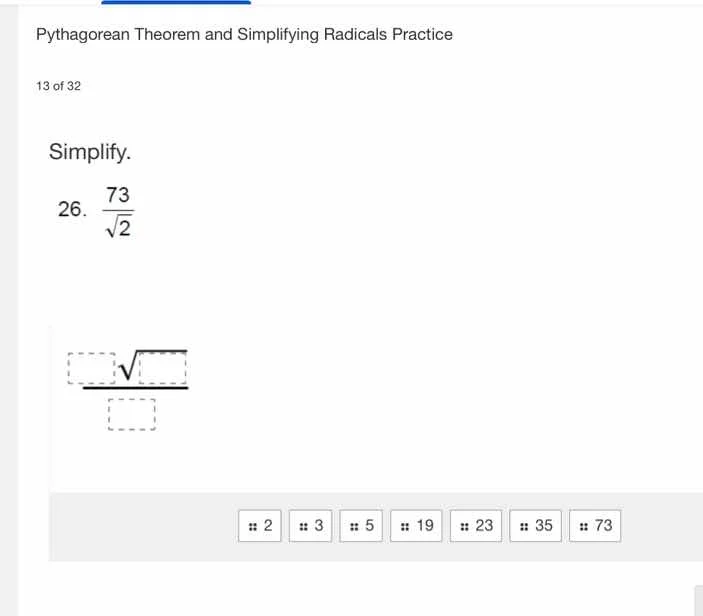 pythagorean theorem and simplifying radicals practice 13 of 32 simplify…