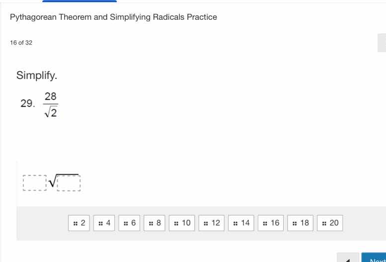 pythagorean theorem and simplifying radicals practice 16 of 32 simplify…
