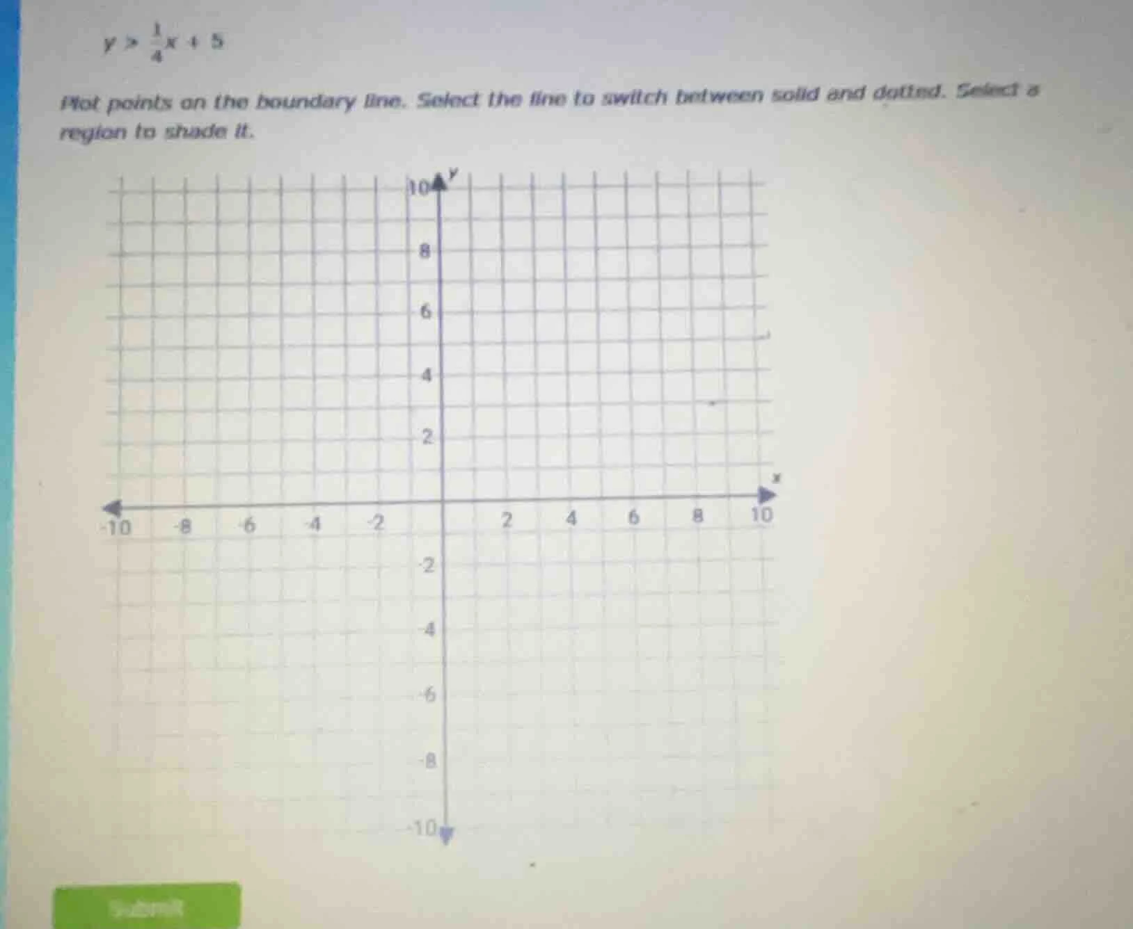 $y > \\frac{1}{4}x + 5$ plot points on the boundary line. select the li…