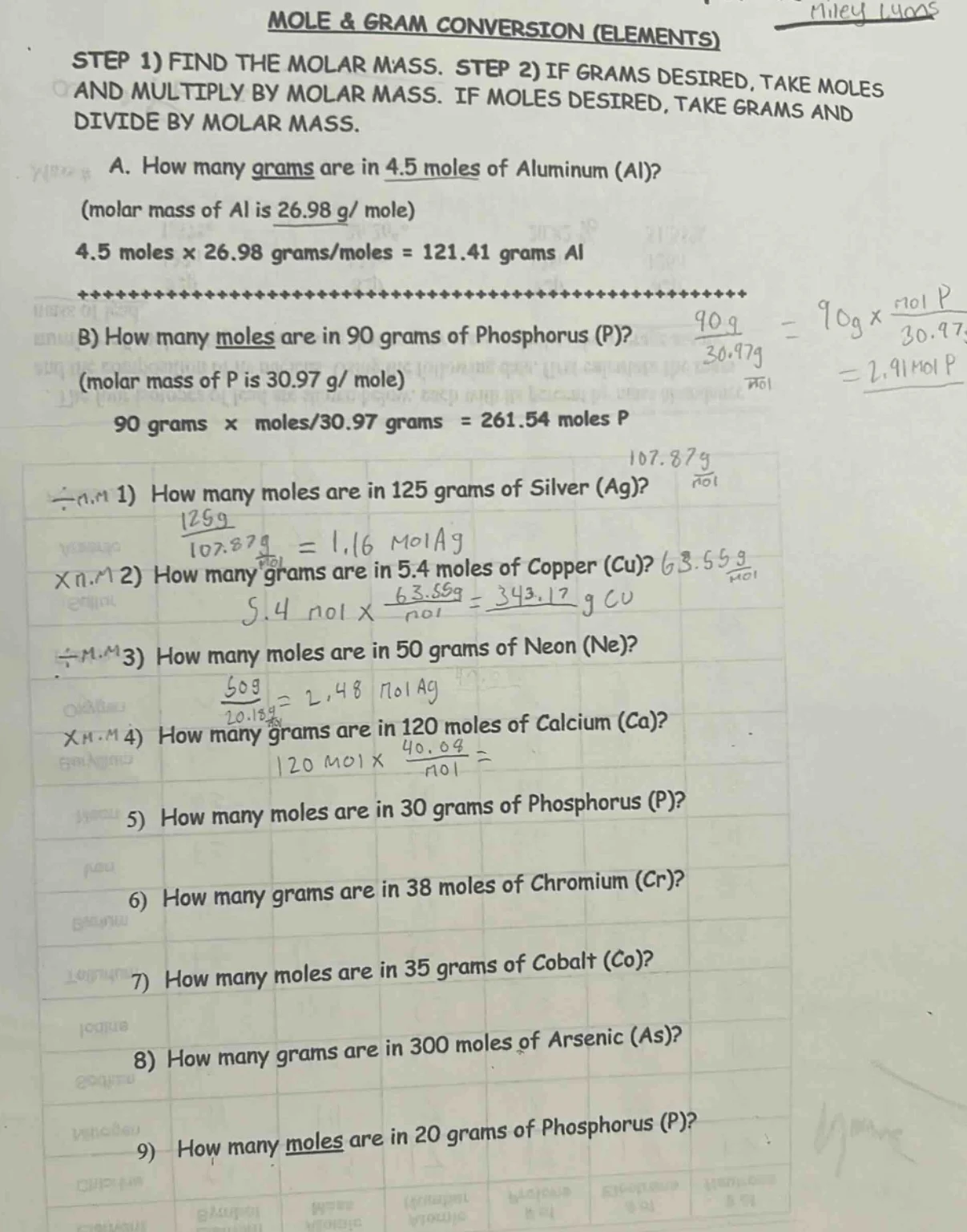 mole & gram conversion (elements) step 1) find the molar mass. step 2) …