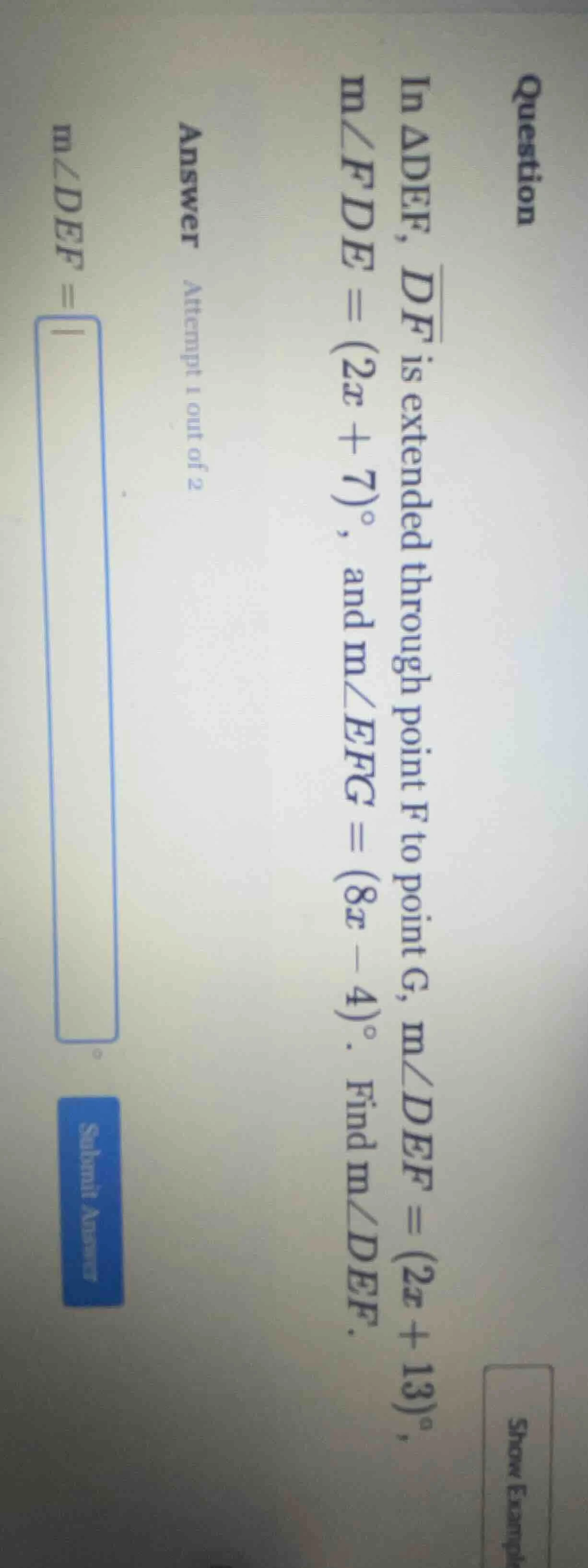 question in \\(\\triangle def\\), \\(\\overline{df}\\) is extended thro…