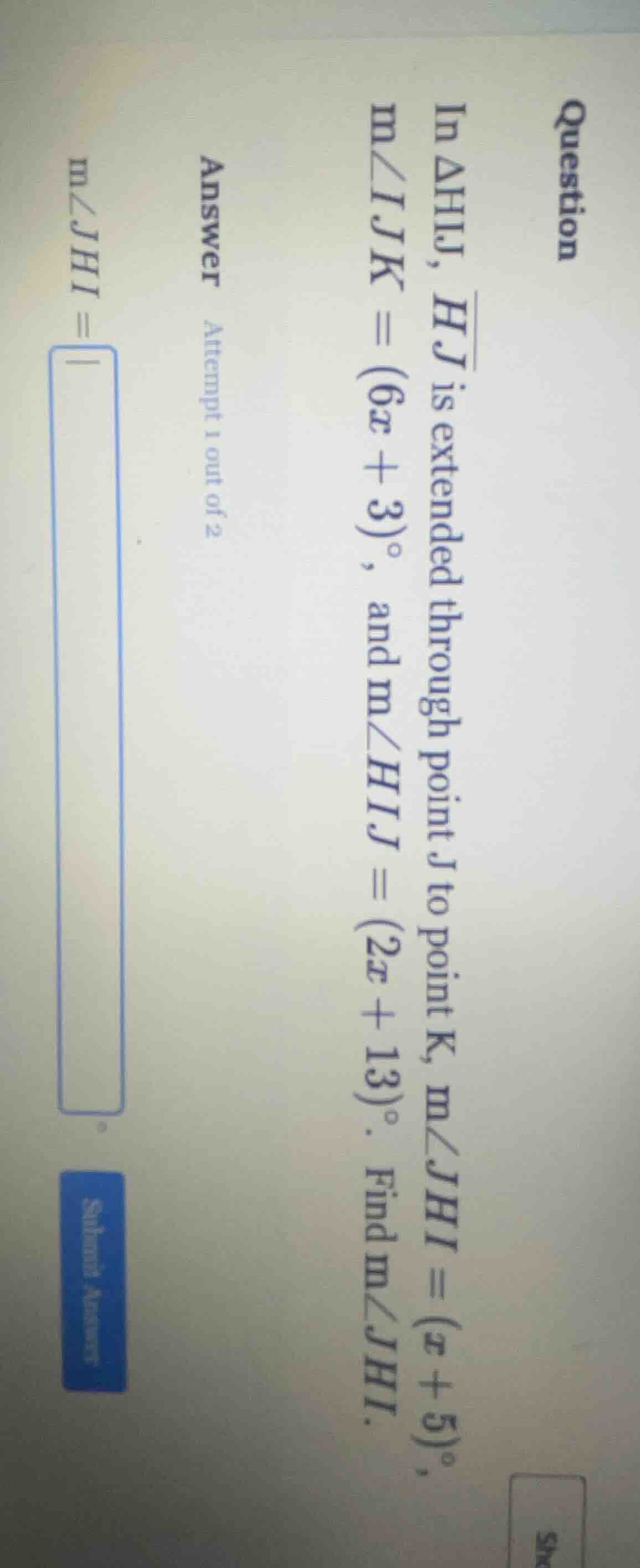 question in $\\triangle hij$, $\\overline{hj}$ is extended through poin…