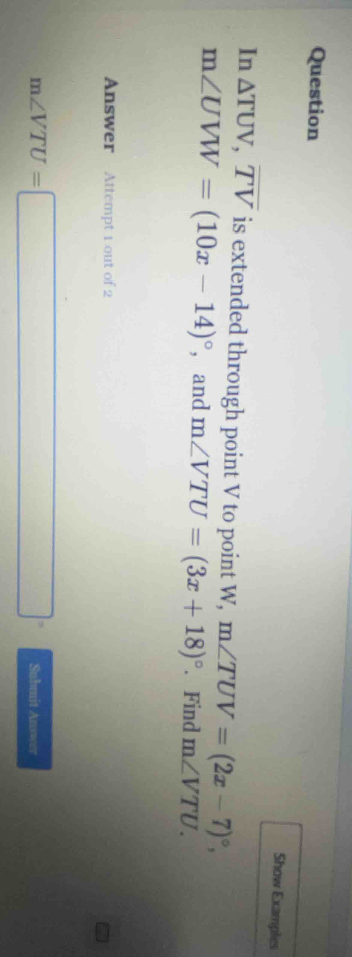 question in \\( \\triangle tuv \\), \\( \\overline{tv} \\) is extended …