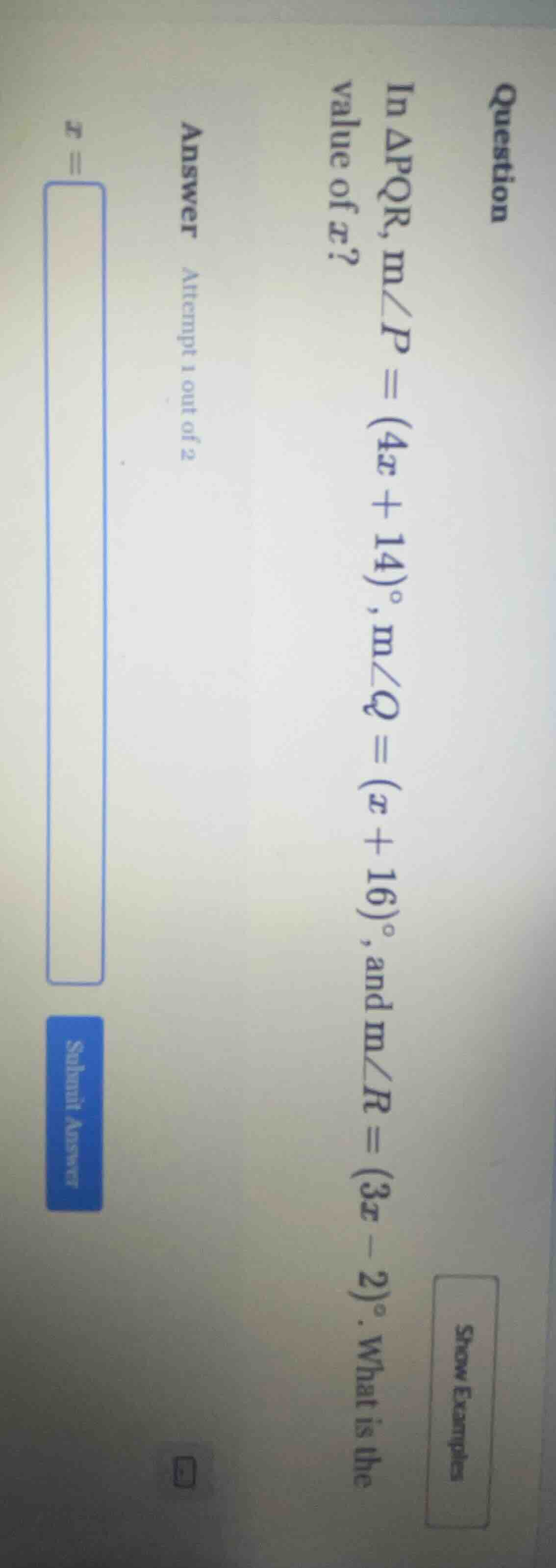 question examples in \\(\\triangle pqr\\), \\(m\\angle p = (4x + 14)\\d…