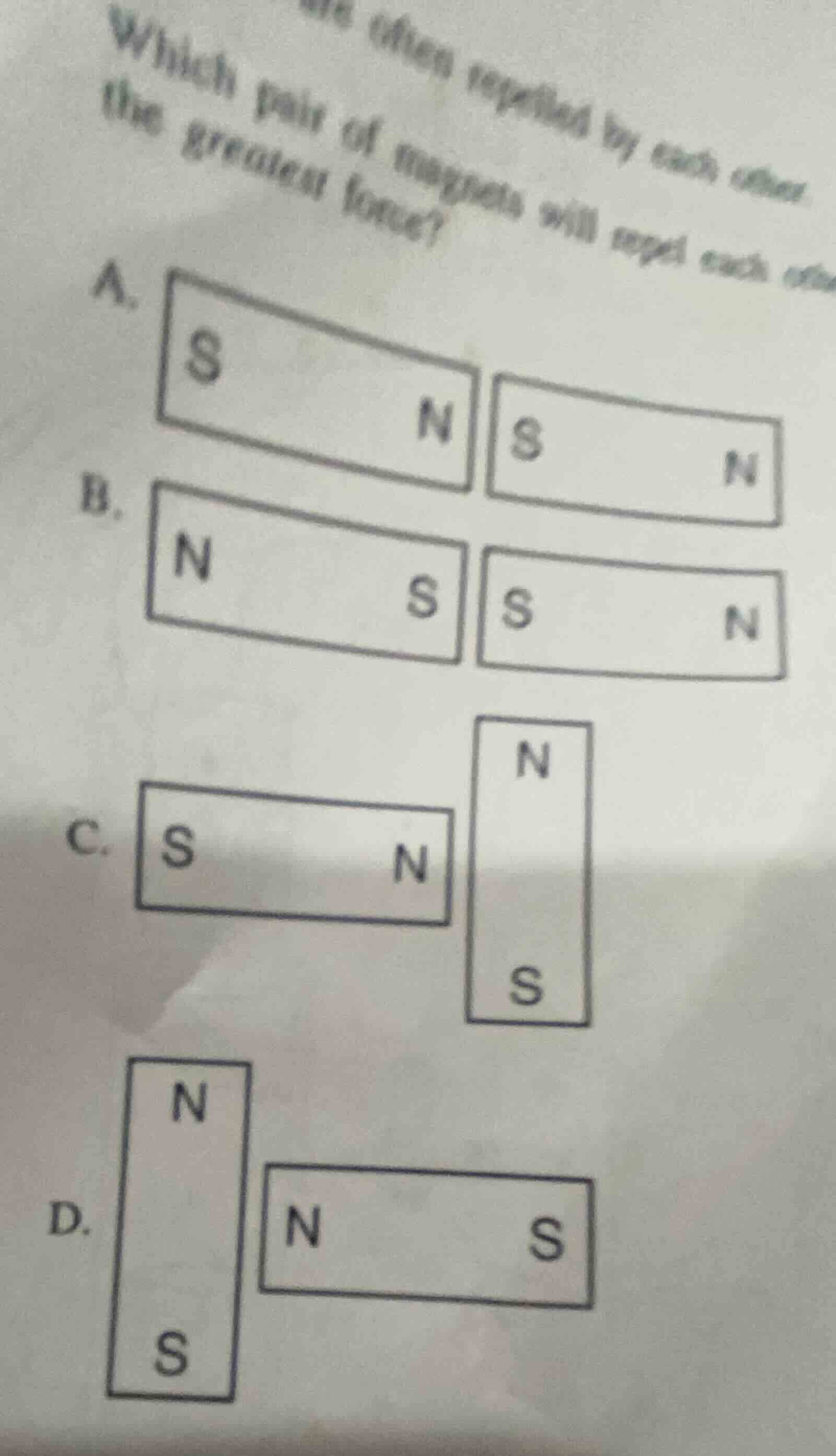 which pair of magnets will repel each other the greatest force? a. diag…