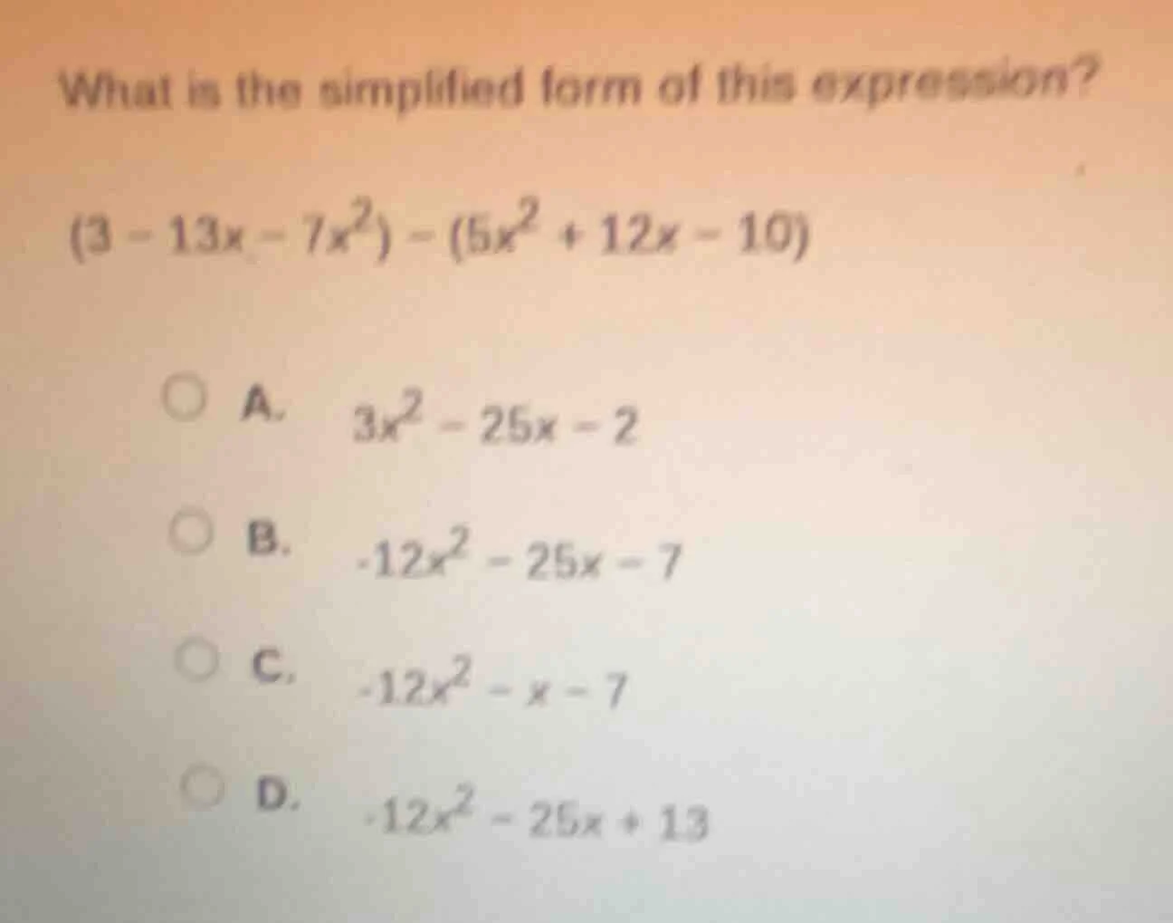 what is the simplified form of this expression? $(3 - 13x - 7x^2) - (5x…