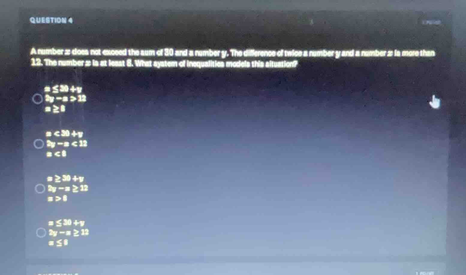 question 4 a number x does not exceed the sum of 30 and a number y. the…