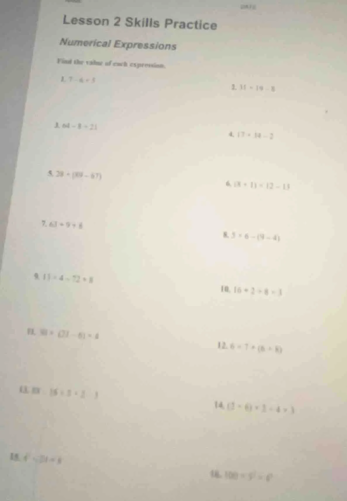 lesson 2 skills practice numerical expressions find the value of each e…
