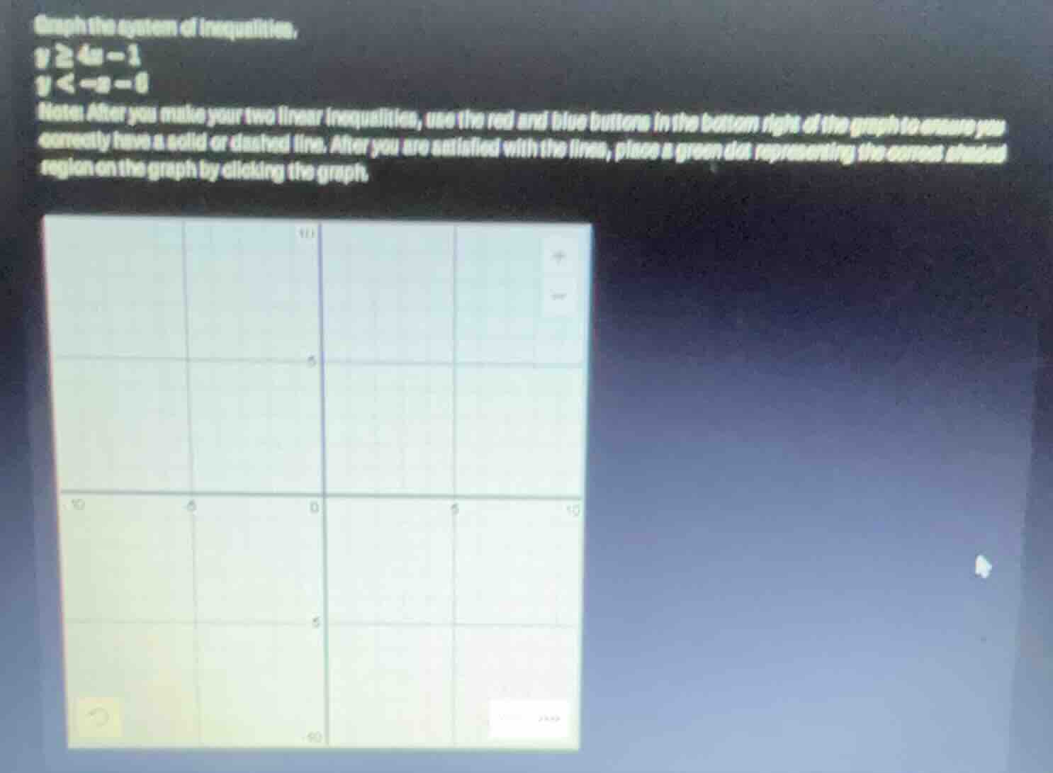 graph the system of inequalities, y ≥ 4x - 1 y < -x - 6 note: after you…