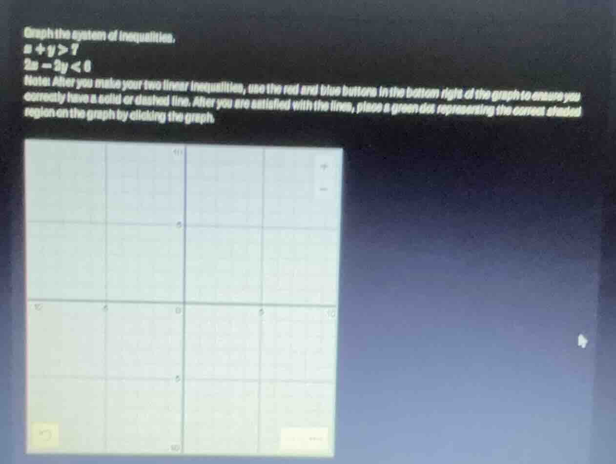 graph the system of inequalities. x + y > 7 2x - 3y < 6 note: after you…