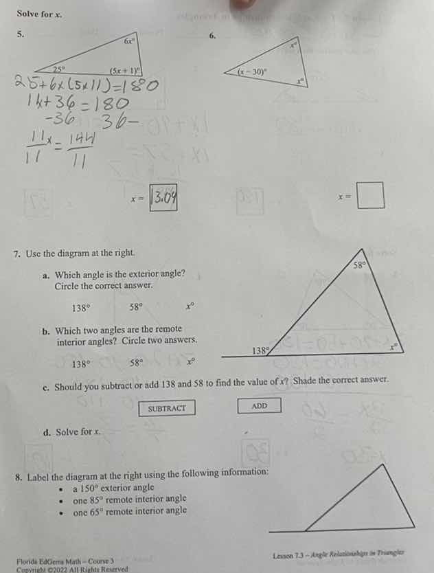 solve for x. 5. 6. x = x = 7. use the diagram at the right. a. which an…