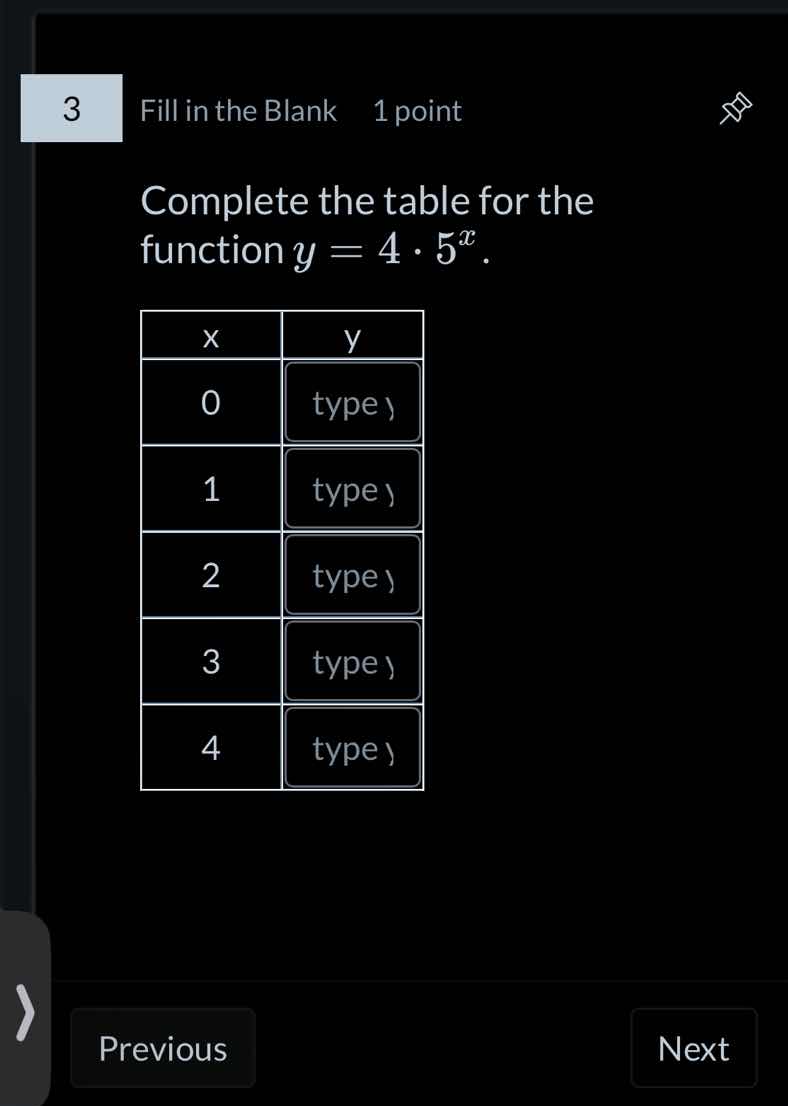 3 fill in the blank 1 point complete the table for the function $y = 4 …