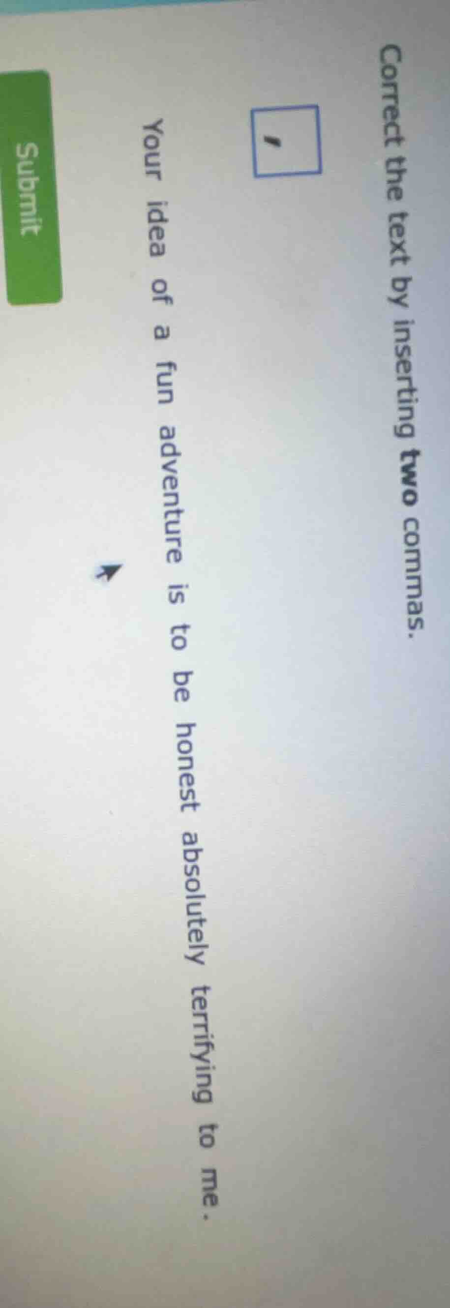 correct the text by inserting two commas. your idea of a fun adventure …