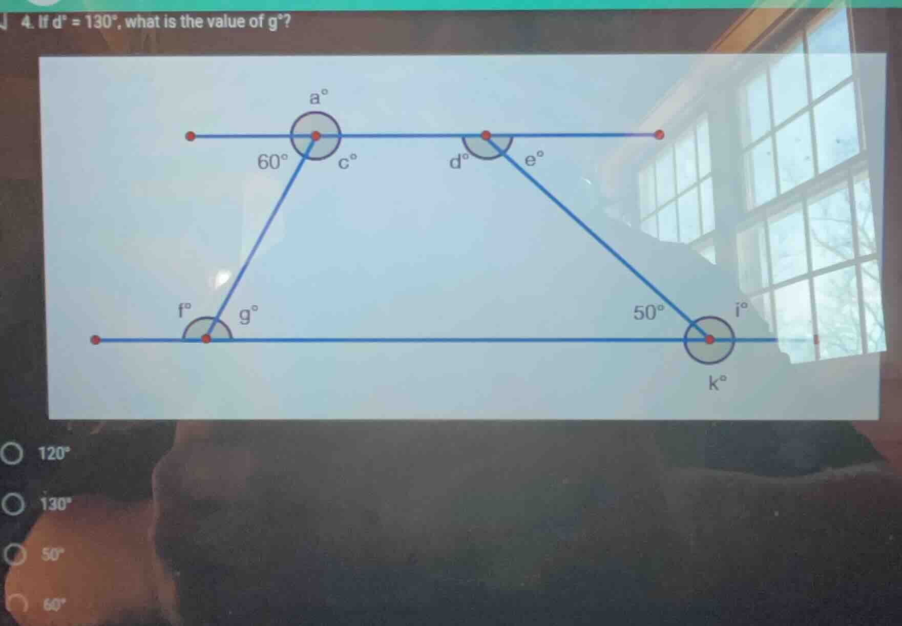 4. if ( d^circ = 130^circ ), what is the value of ( g^circ )? options: …