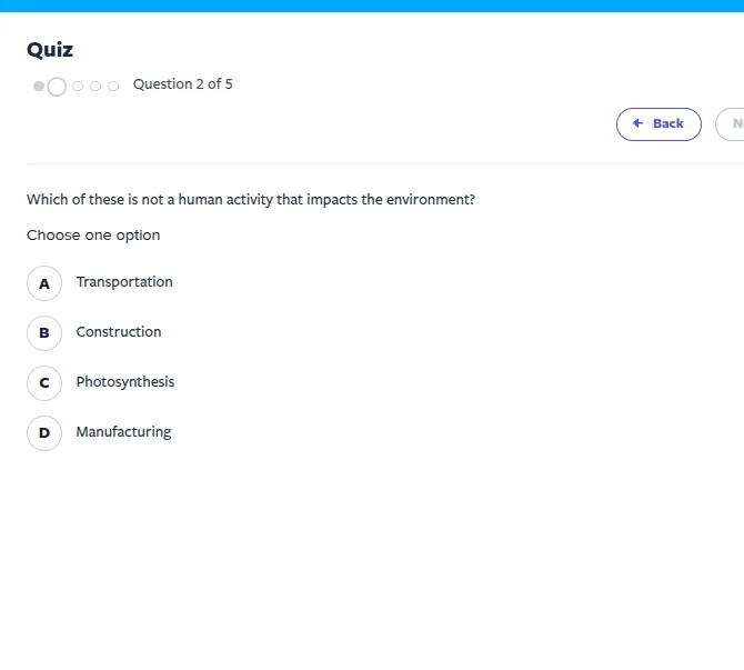 quiz question 2 of 5 which of these is not a human activity that impact…