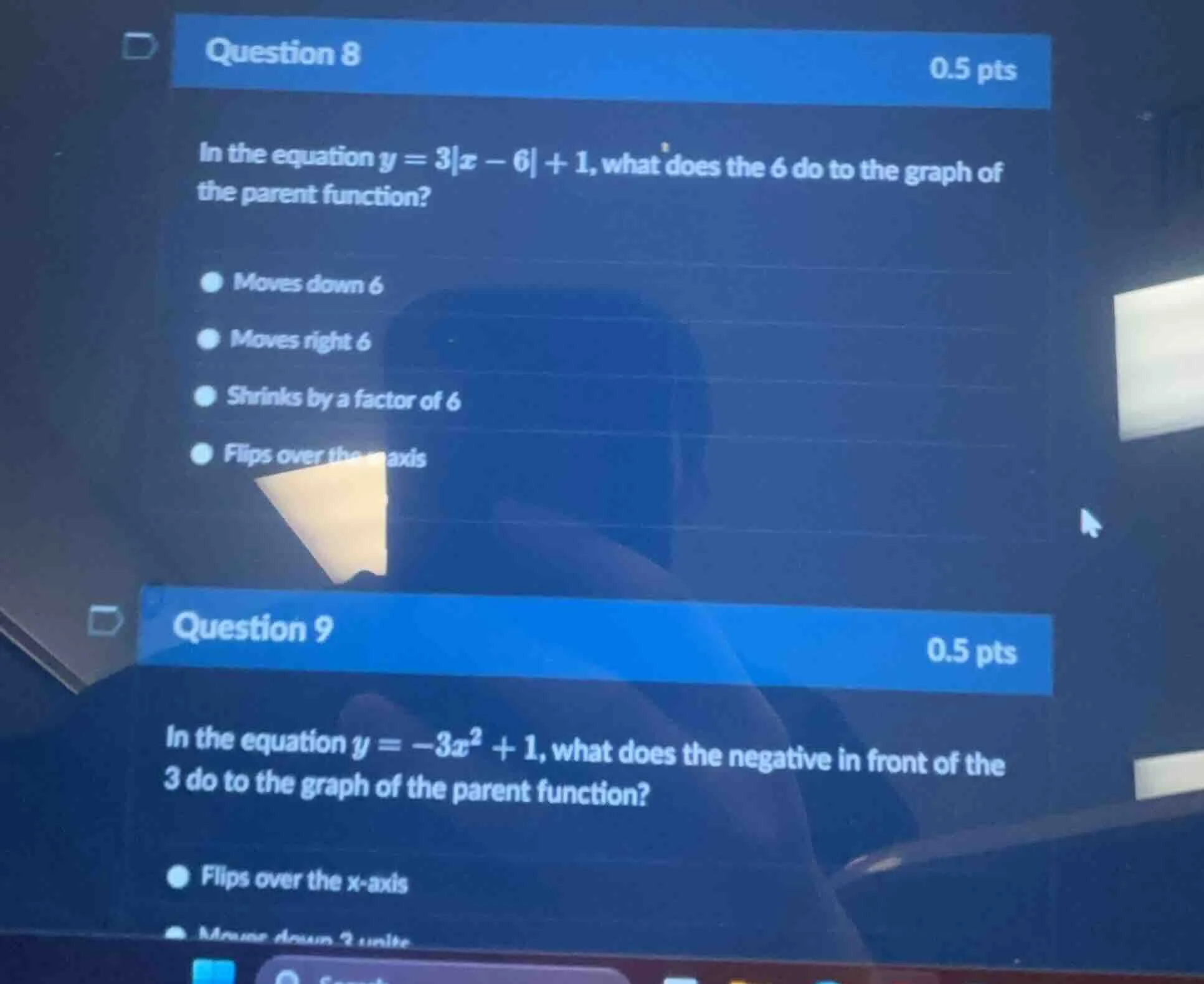 question 8 0.5 pts in the equation $y = 3|x - 6| + 1$, what does the 6 …