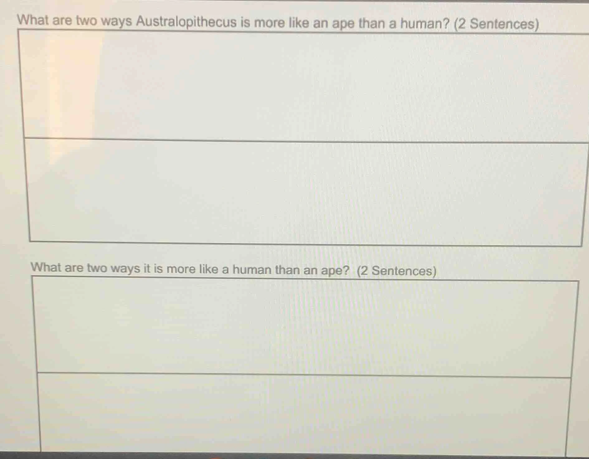what are two ways australopithecus is more like an ape than a human? (2…